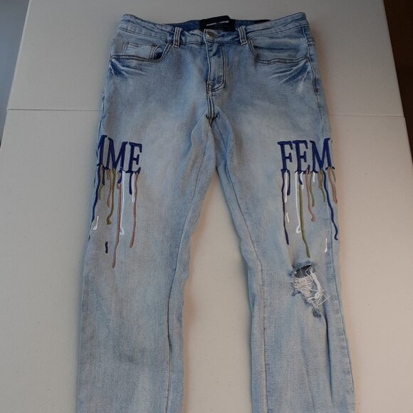 Homme + Femme Size 30 Letterman Drip Embroidered Distressed Denim Blue Jeans - Picture 3 of 11